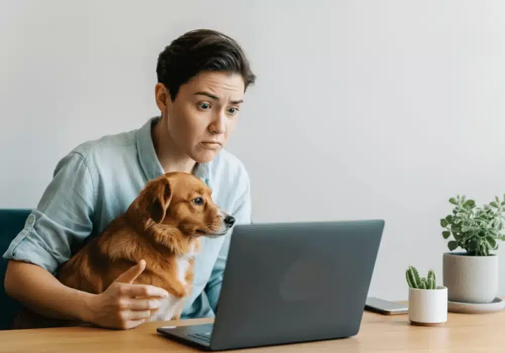 A person sitting in front of their laptop with their dog, looking at the screen with a confused look on their face